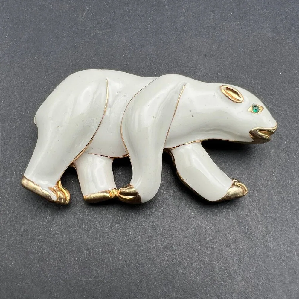 Vintage Enamel Bear Brooch Gold Tone Accents Green Crystal Eye‎ Pin